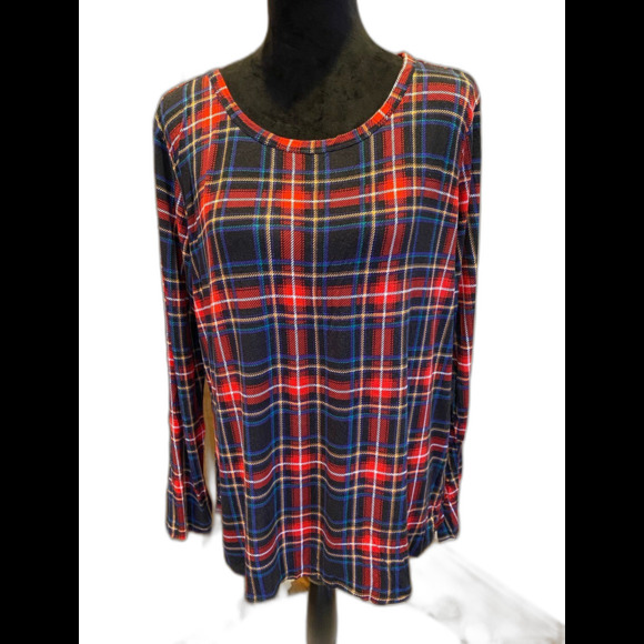 24/7 Top Plus Size XL Red Navy Plaid Blouse  +Stretch Super Soft  Extra Long - Picture 2 of 11